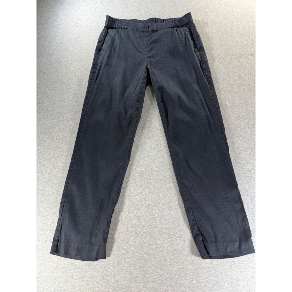 Women Navy Blue Linen Blend Elastic Waist Straight Leg Pull On Pants RN 97641